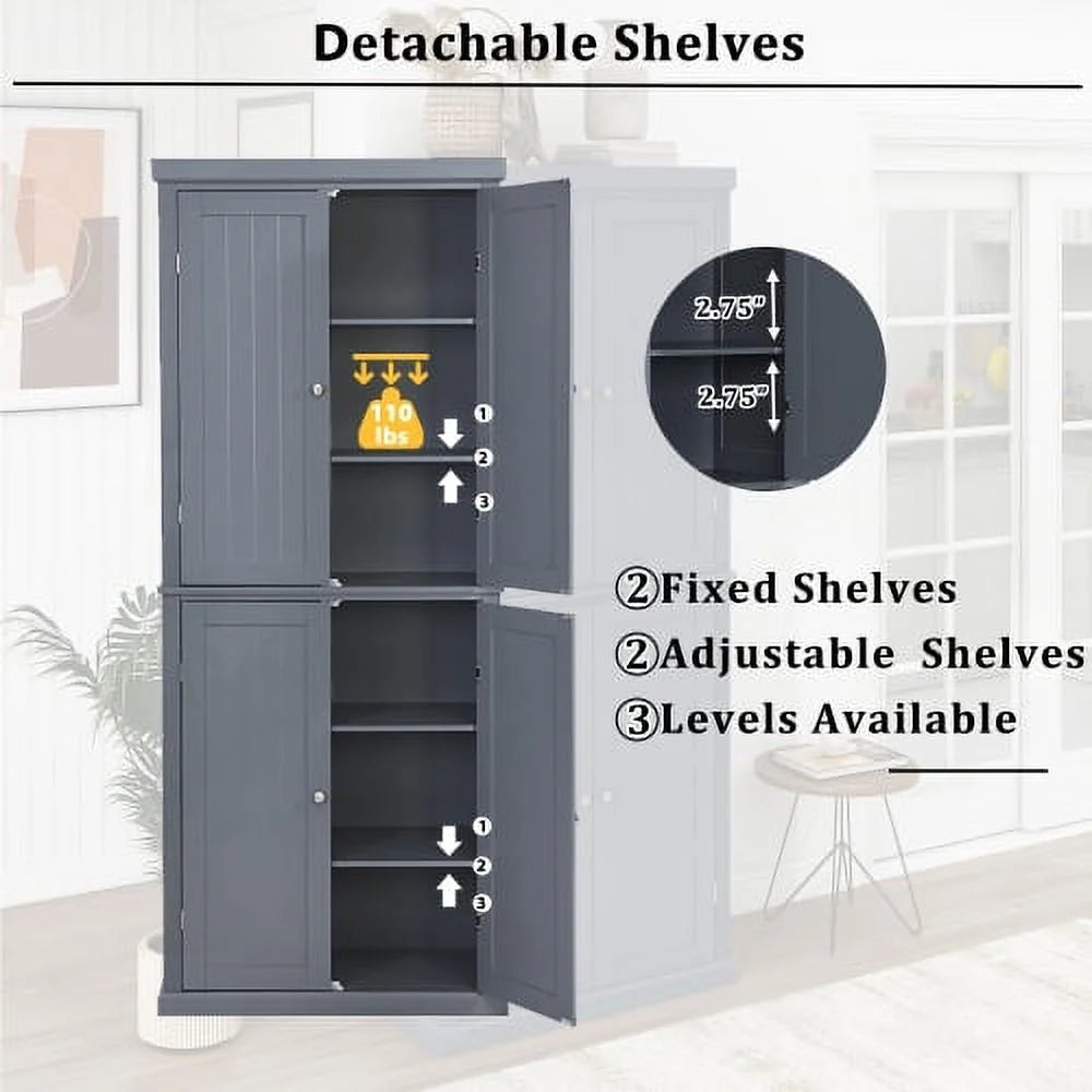 Tall Kitchen Pantry Storage Cabinet with 4 Doors and Adjustable Shelves R78606