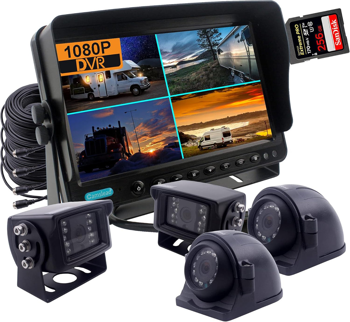9 inch 1080P Backup Camera System with DVR Recorder, Quad Split Screen, Car Monitor + 2X Waterproof Reversing Cameras + 2X Safety Sides Camera Z4514