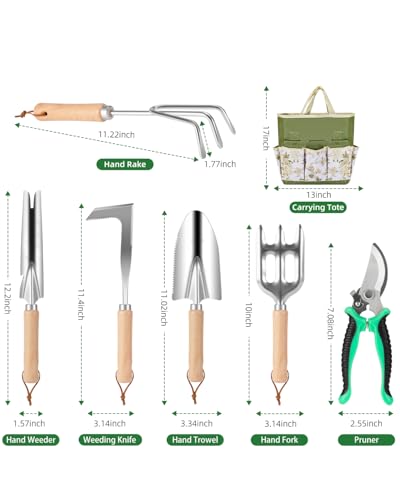 9-Piece Heavy Duty Stainless Steel Gardening Tool Set with Storage Tote (Green) L638