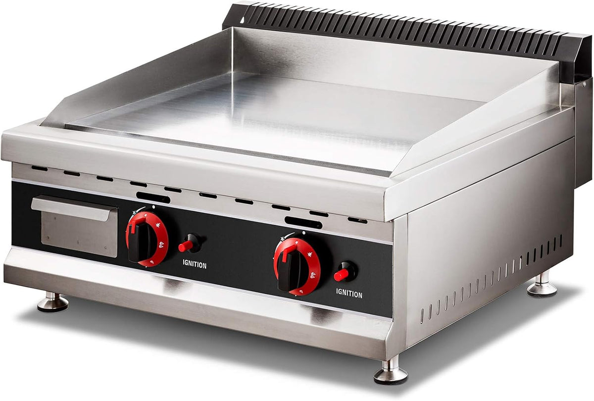 24-Inch Commercial Gas Griddle, 2-Burners Liquefied Propane Gas Flat Top Stainless Steel Countertop Manual Griddle C489