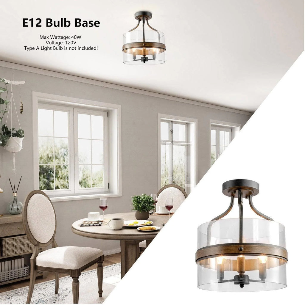 Semi Flush Mount Ceiling Light with Faux Wood & Clear Glass N90075