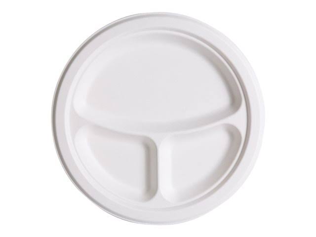 Compostable Sugarcane Plates, 3 Compartment, 10 T890635