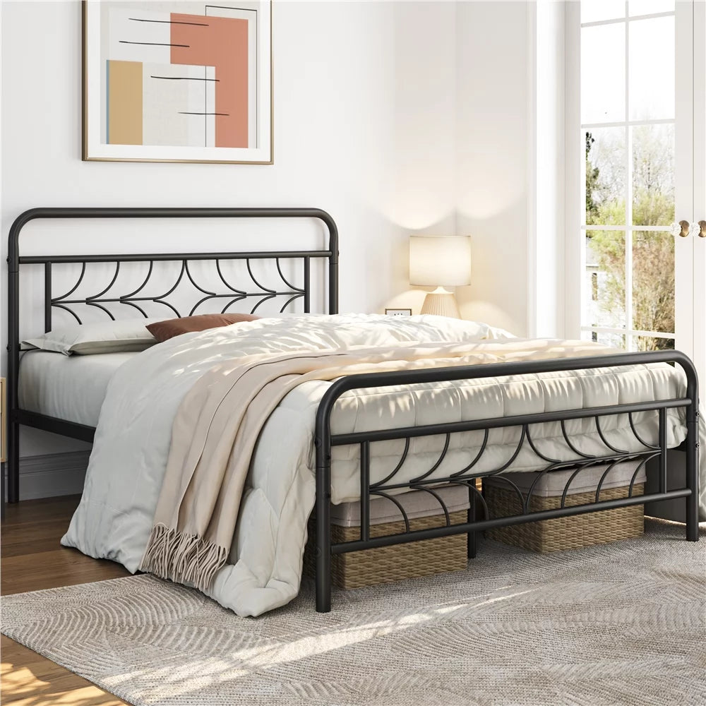 Black Full Size Metal Bed with Headboard and Footboard O74298