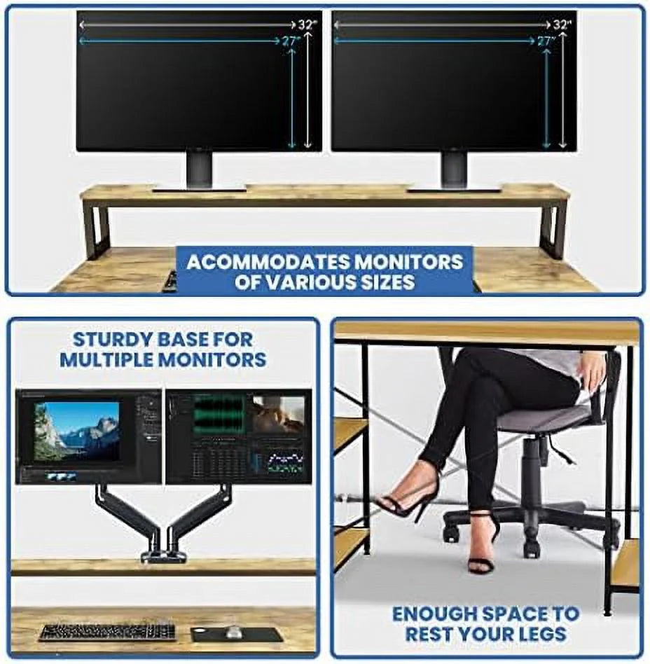 55 Inch Walnut And Black Wood Computer Desk With Monitor Shelf D1130