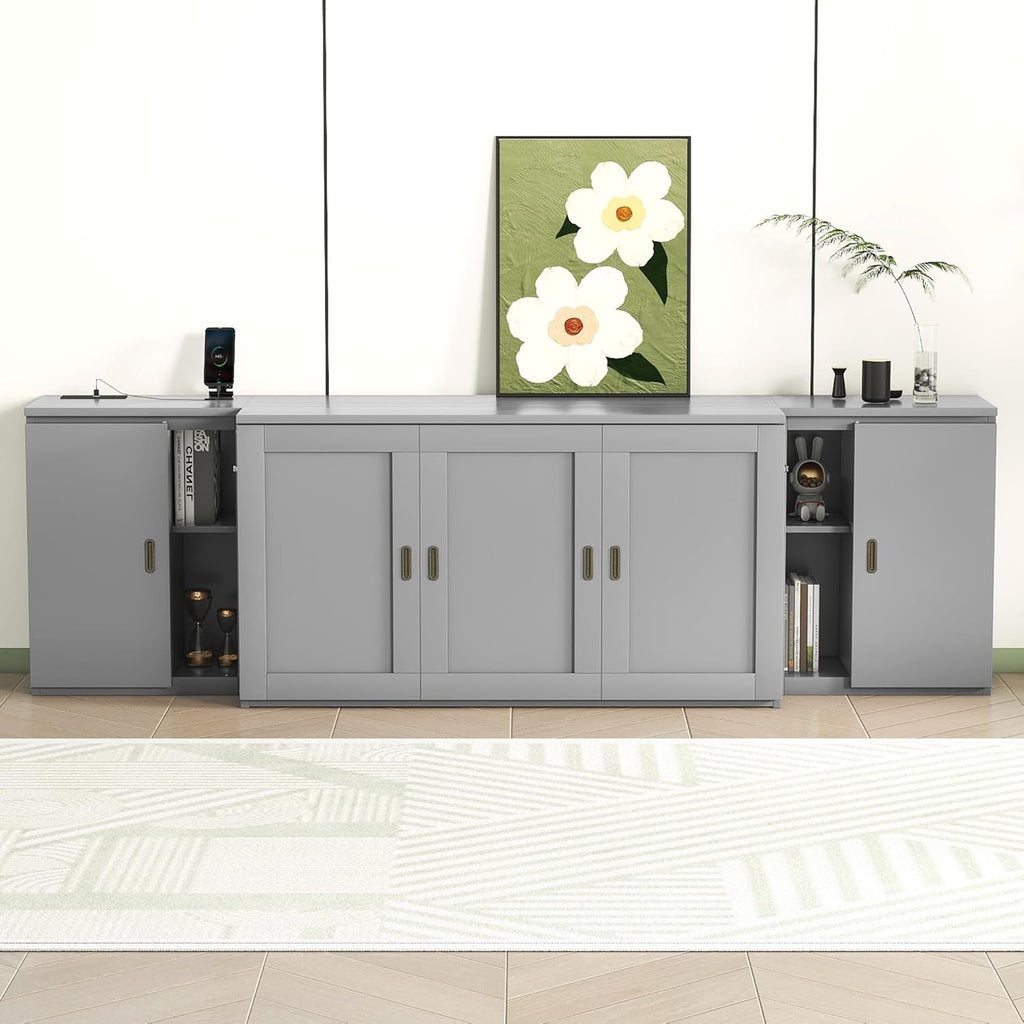 Queen Size Gray Murphy Wall Bed with Shelves and Cabinets K30720