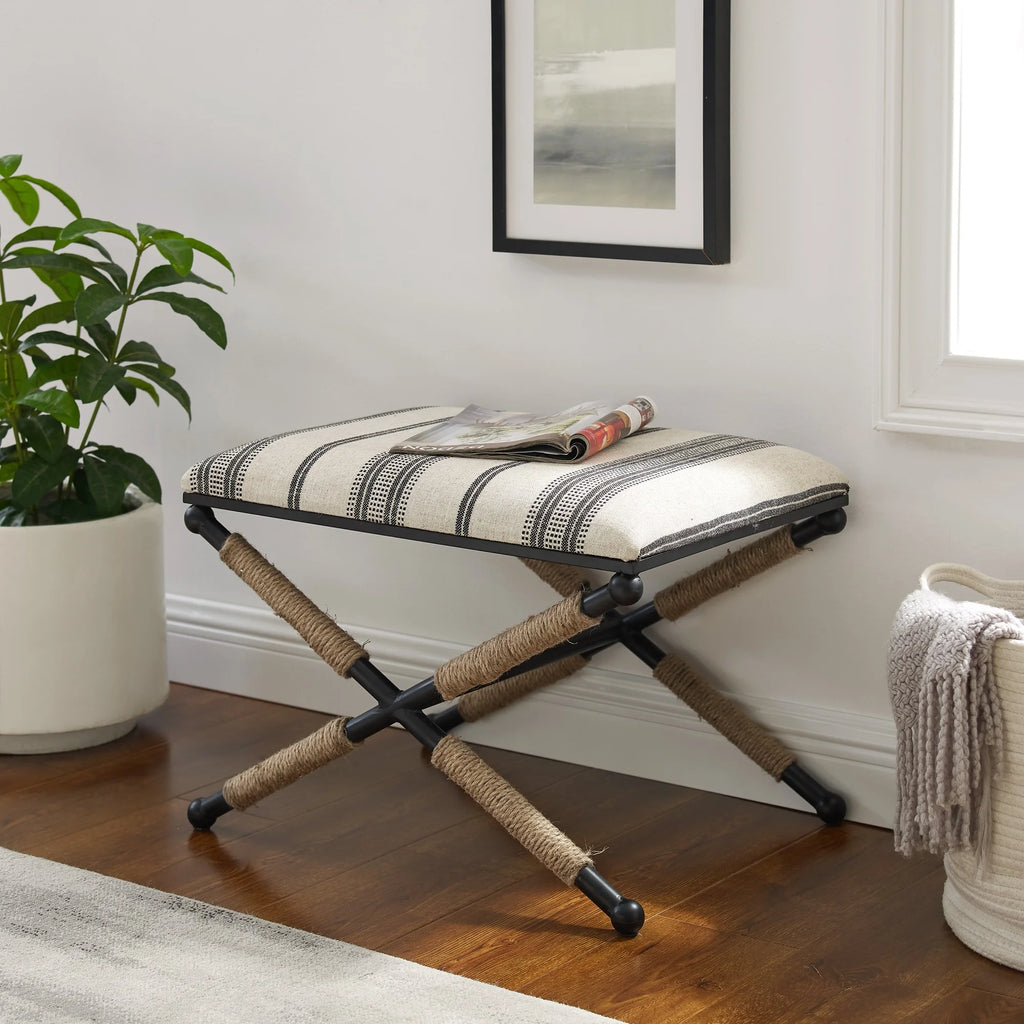 Black and Neutral Linen Stripe Ottoman N373278