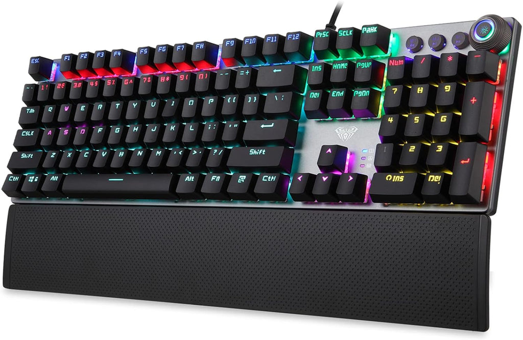 PC Gaming Keyboard with Detachable Hand Rest, White LED Backlit, 104-Keys USB Wired Mechanical Keyboard O9896