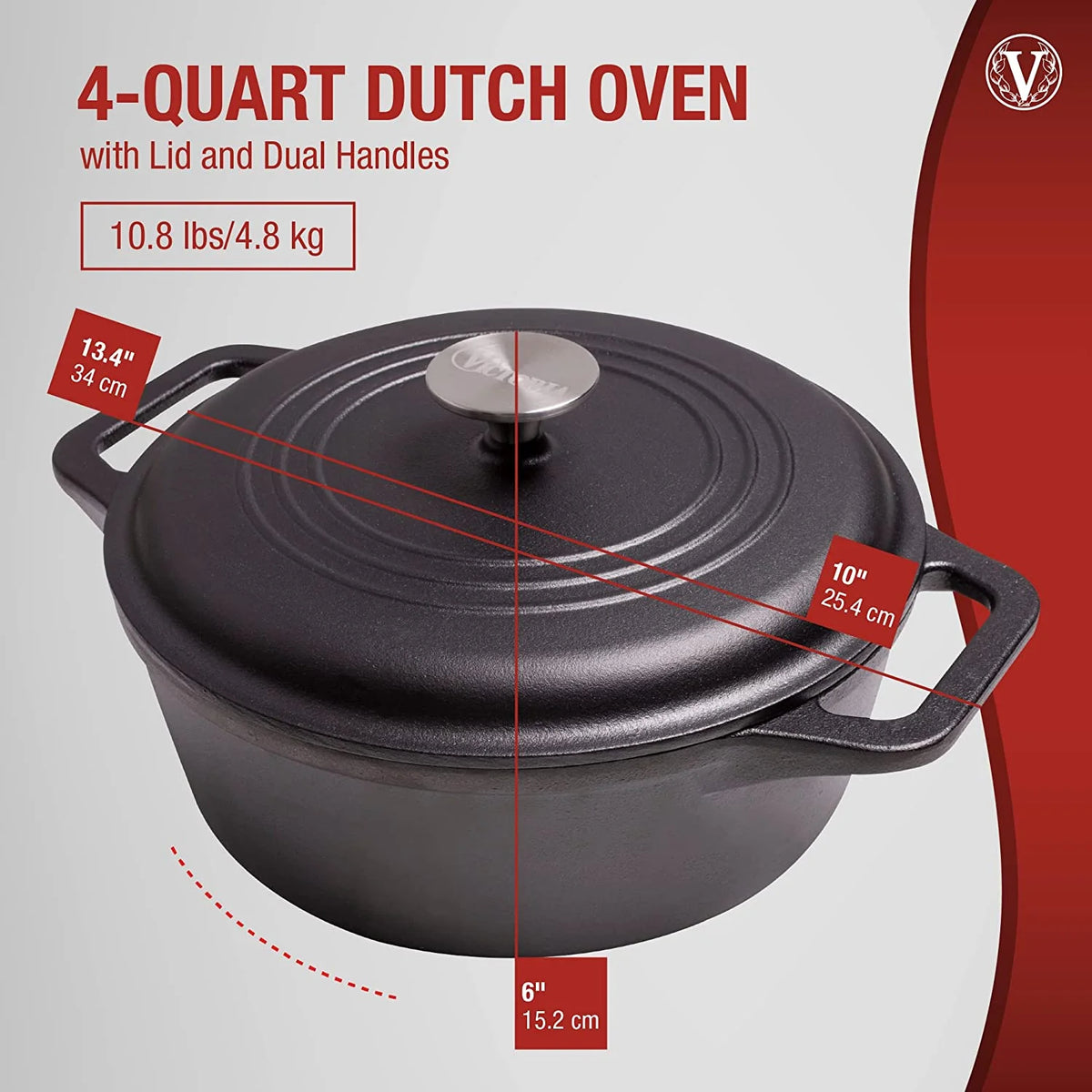 4-Quart Cast Iron Dutch Oven with Lid and Dual Loop Handles T7311