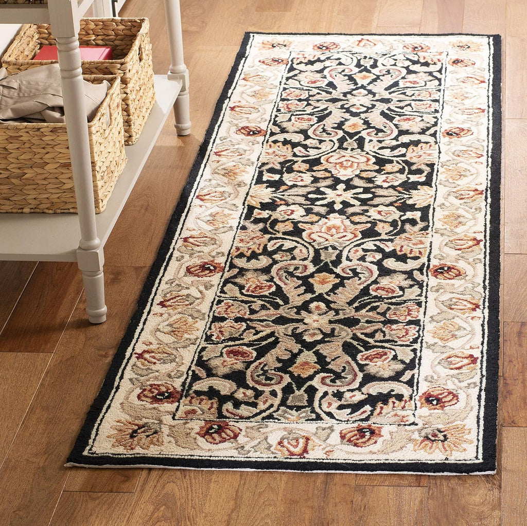Hand-Hooked Oriental Runner, 3' x 6', Black / Ivory H32516