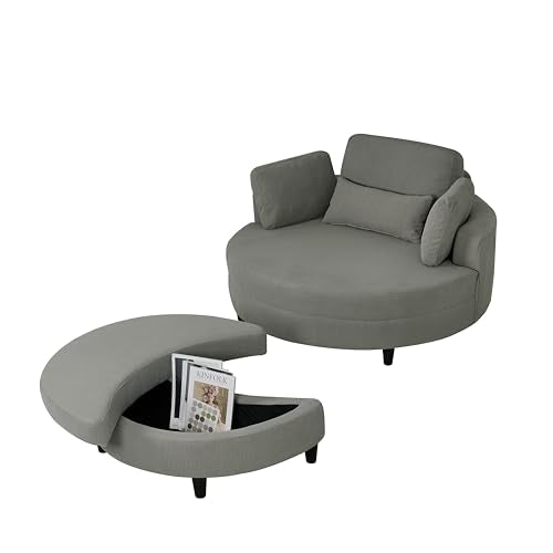 Oversized Corduroy Accent Barrel Chair with Adjustable Headrest, 4 Pillows, Storage Ottoman & Removable Tray M11824