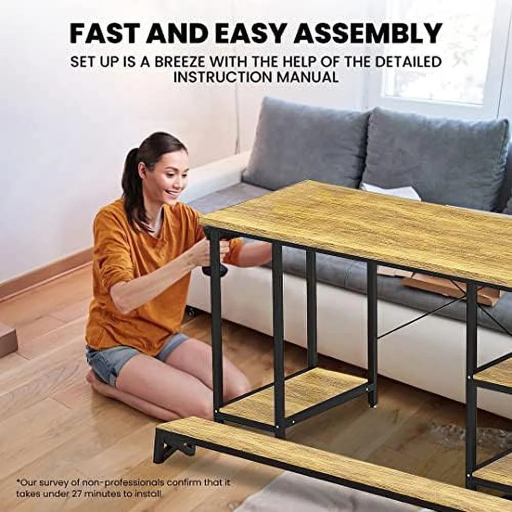 55 Inch Walnut And Black Wood Computer Desk With Monitor Shelf D1130