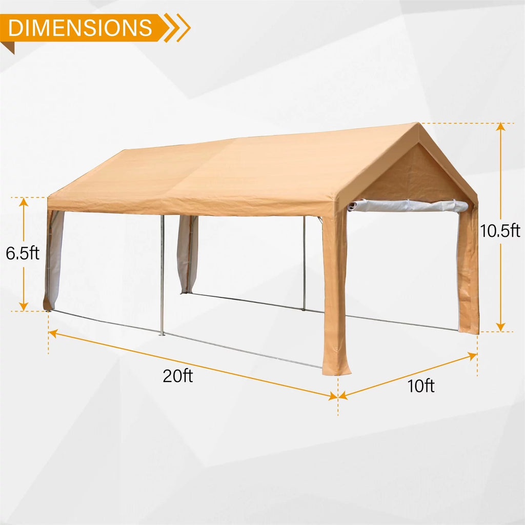 10' X 20' Heavy Duty Galvanized Car Canopy with Removable Sidewalls and Doors Beige Y16765