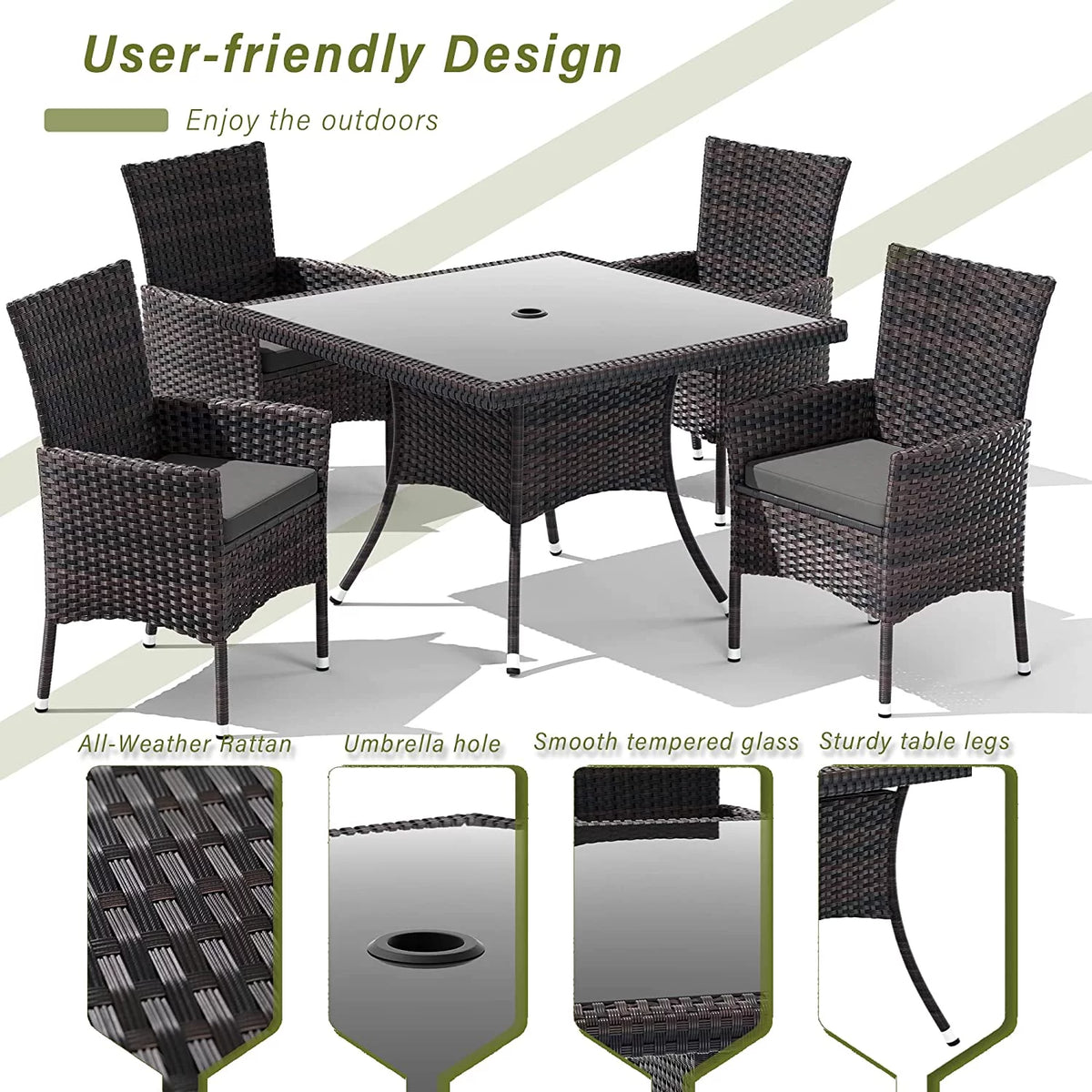 5 Pieces Patio Dining Set with Glass Tabletop 4 Chairs with Cushions Gray D76800