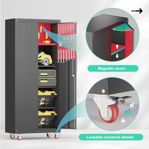 Lockable Metal Garage Storage Cabinet with Wheels and Workbench P6280