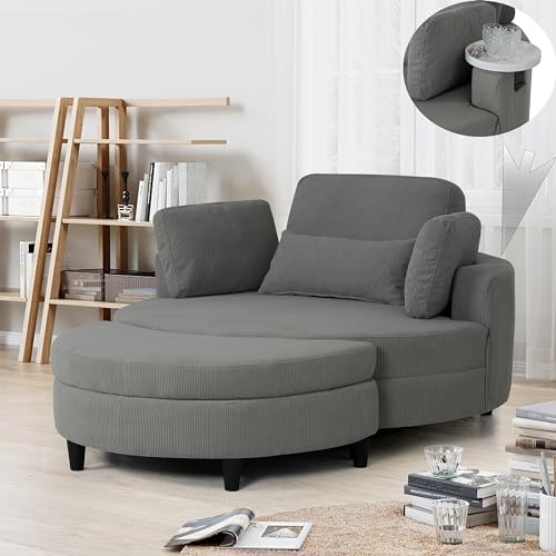 Oversized Corduroy Accent Barrel Chair with Adjustable Headrest, 4 Pillows, Storage Ottoman & Removable Tray M11824