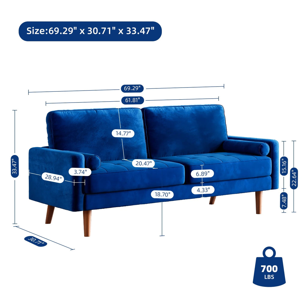 Blue Velvet Rolled Arm Sofa L188
