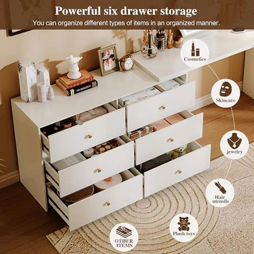 Modern Corner Vanity Table with LED Mirror and 6 Drawers M697422