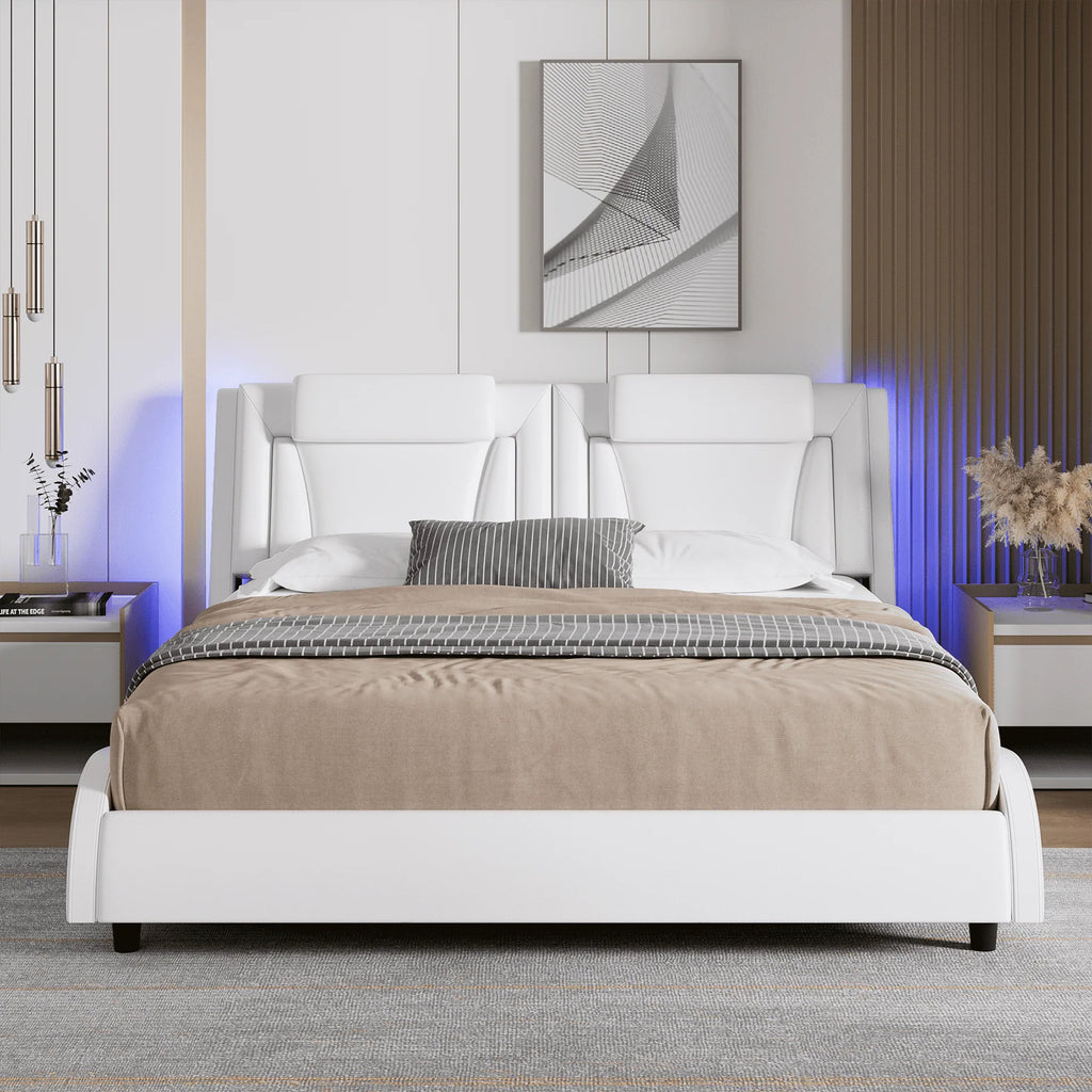 King Size White PU Leather Upholstered Platform Bed Frame H549077