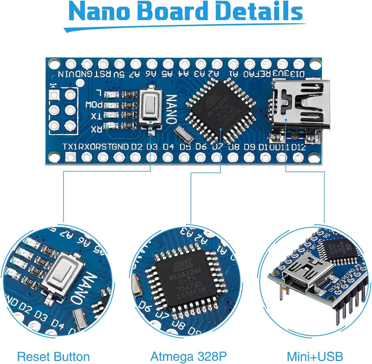 6 Pieces ATmega328P Nano Board with Pin Headers L2984