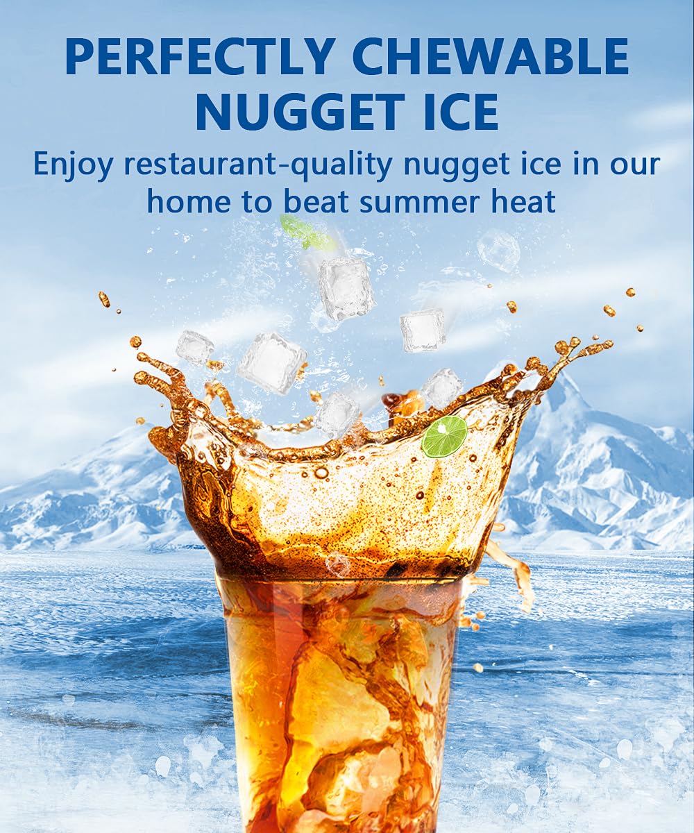 Nugget Ice Maker, 10,000pcs/33lbs/Day, Portable Countertop with Handle, Self-Cleaning, Ice Scoop and Basket, White T52552