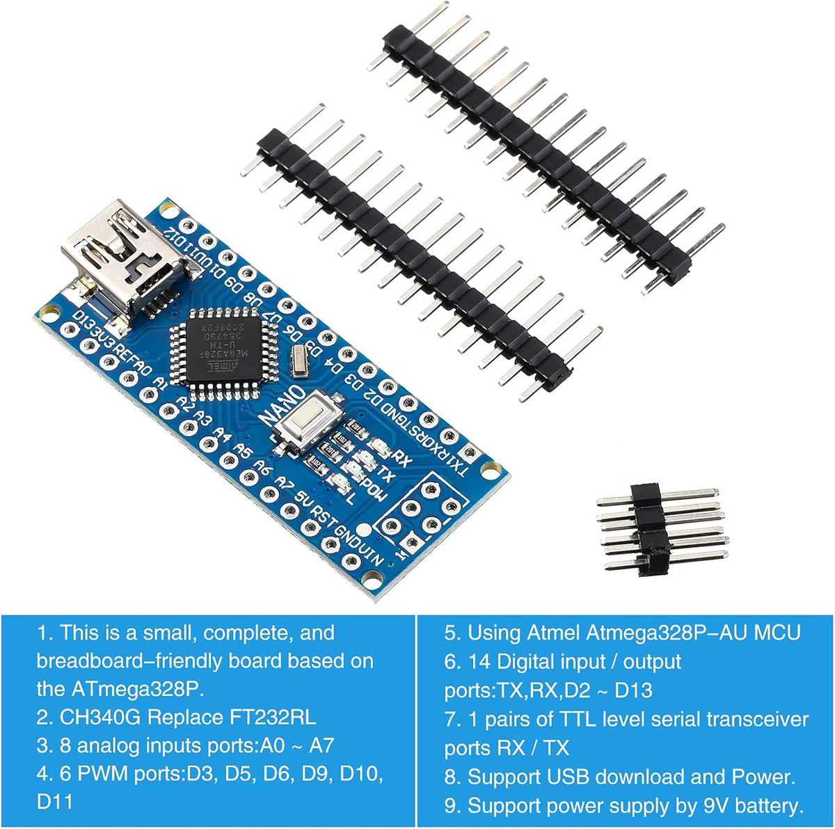 6 Pieces ATmega328P Nano Board with Pin Headers L2984
