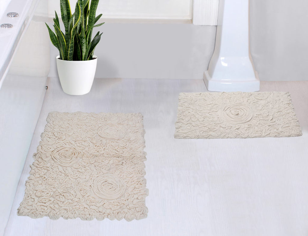 100% Cotton Tufted Bath Rugs 2 Piece Set Ivory F6036