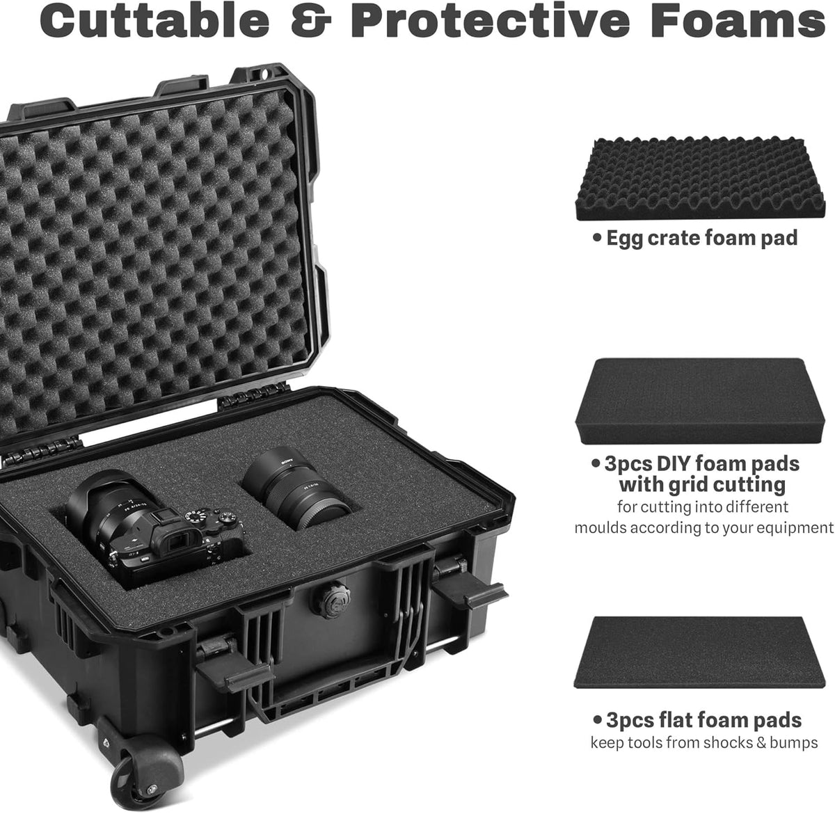 Black Rolling Waterproof Hard Camera Case with Wheels L681