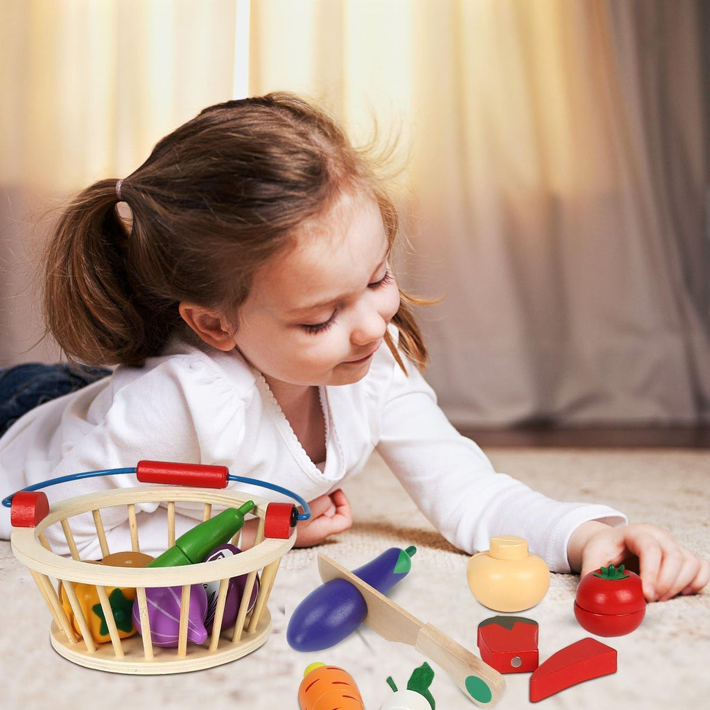 Magnetic Wooden Cutting Food Play Toy Set with Basket V24518