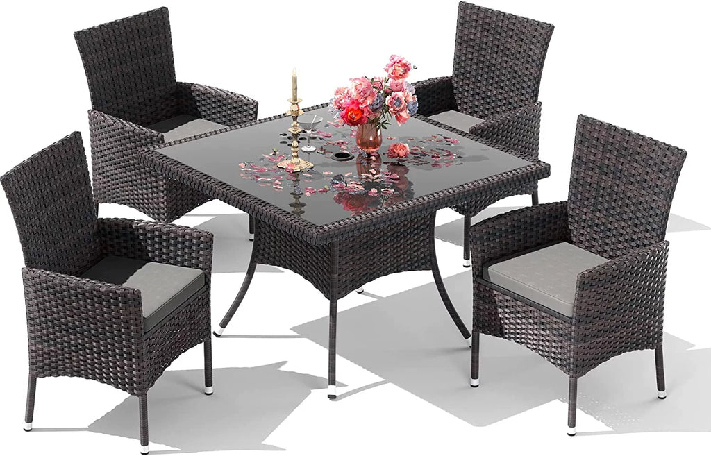 5 Pieces Patio Dining Set with Glass Tabletop 4 Chairs with Cushions Gray D76800