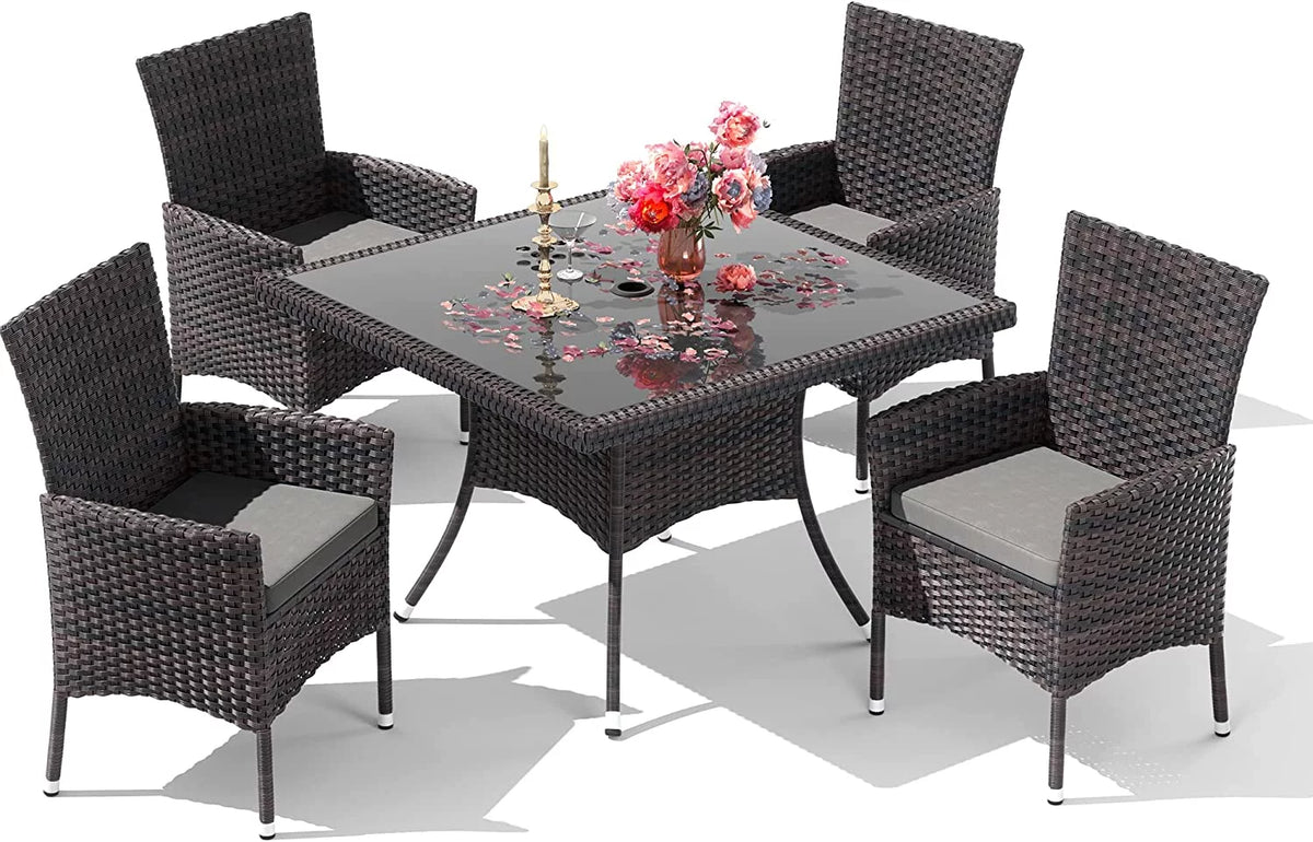 5 Pieces Patio Dining Set with Glass Tabletop 4 Chairs with Cushions Gray D76800