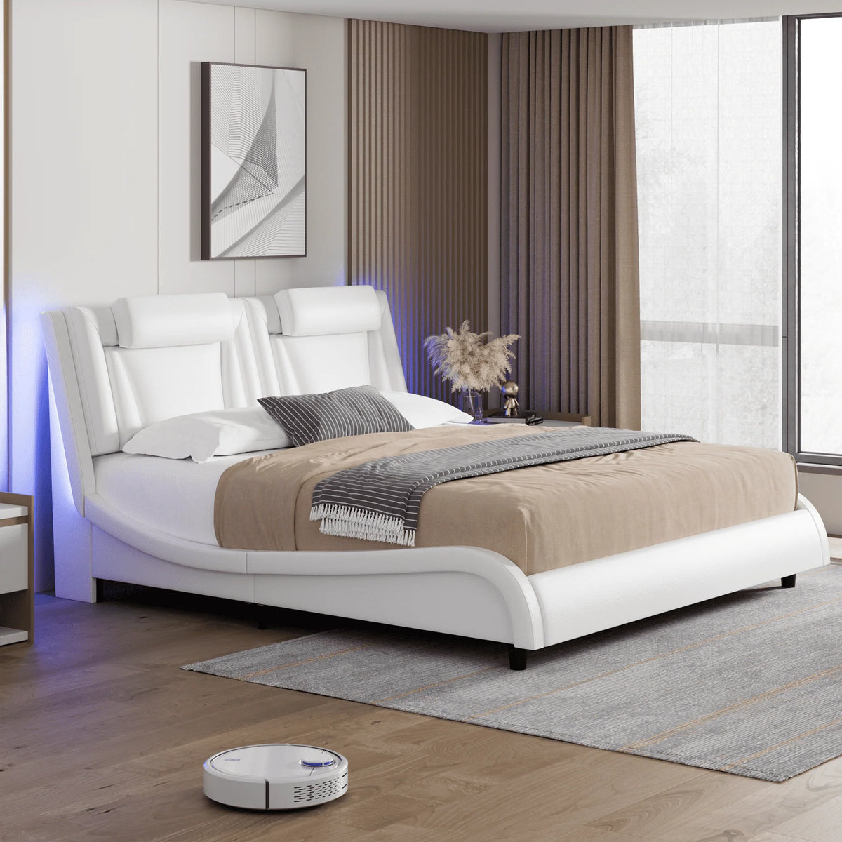 King Size White PU Leather Upholstered Platform Bed Frame H549077