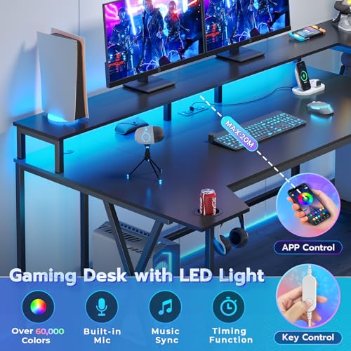Black Gaming Desk with LED Lights and Storage Shelves O34193