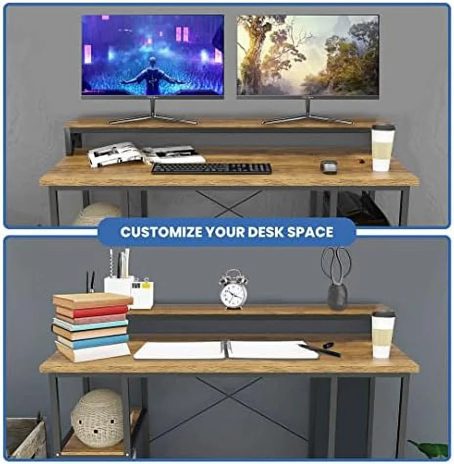 55 Inch Walnut And Black Wood Computer Desk With Monitor Shelf D1130