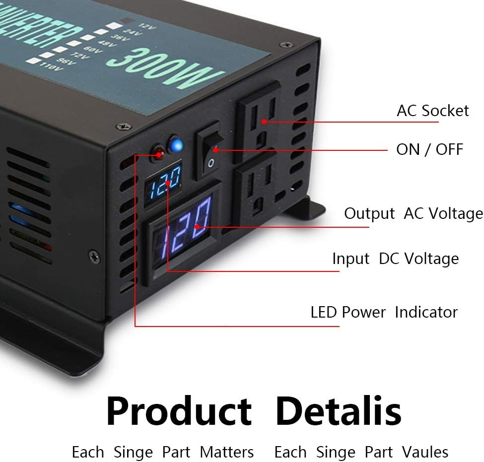 300W Pure Sine Wave Car Power Inverter 24VDC Black Pack of 2 Y425786