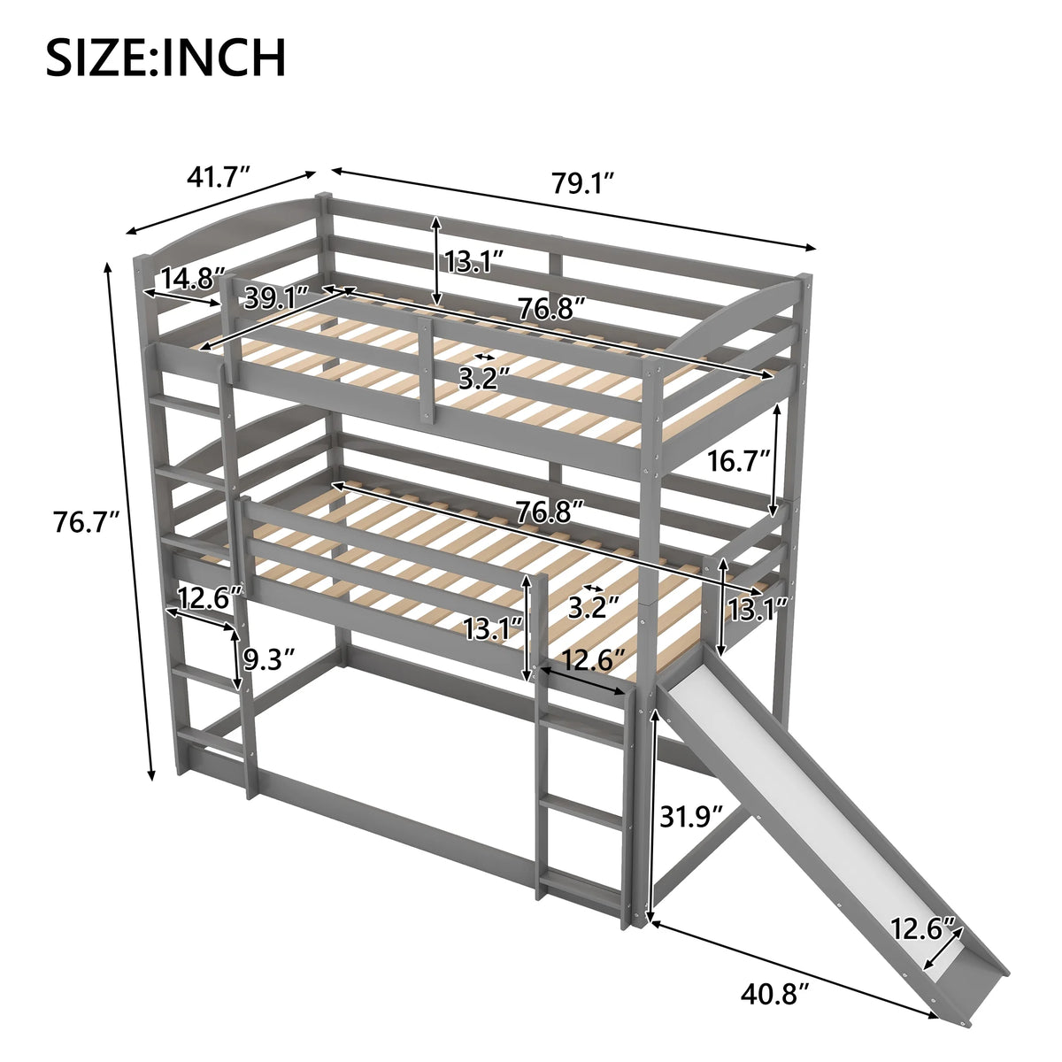 Gray Wood Triple Bunk Bed A600902