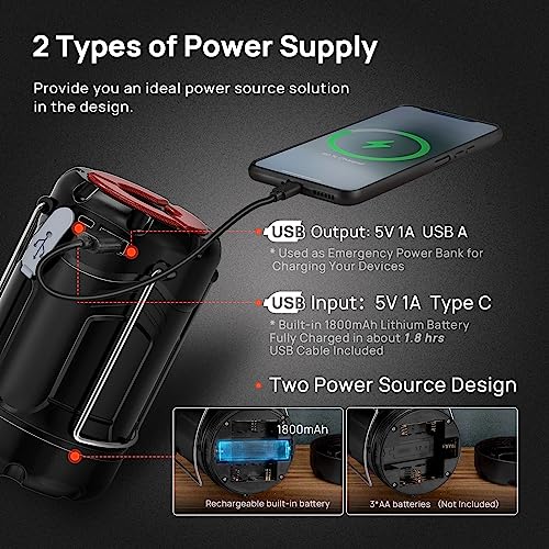 2 Pack Collapsible LED Camping Lantern, USB C Rechargeable Battery Powered Emergency Light with Flashlight and Magnetic Base, Black W877580