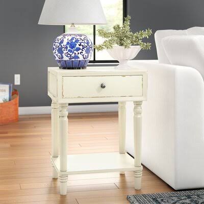Vintage Cream Solid Wood End Table with Storage O30862