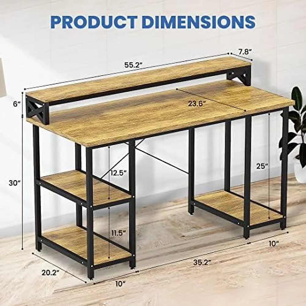 55 Inch Walnut And Black Wood Computer Desk With Monitor Shelf D1130