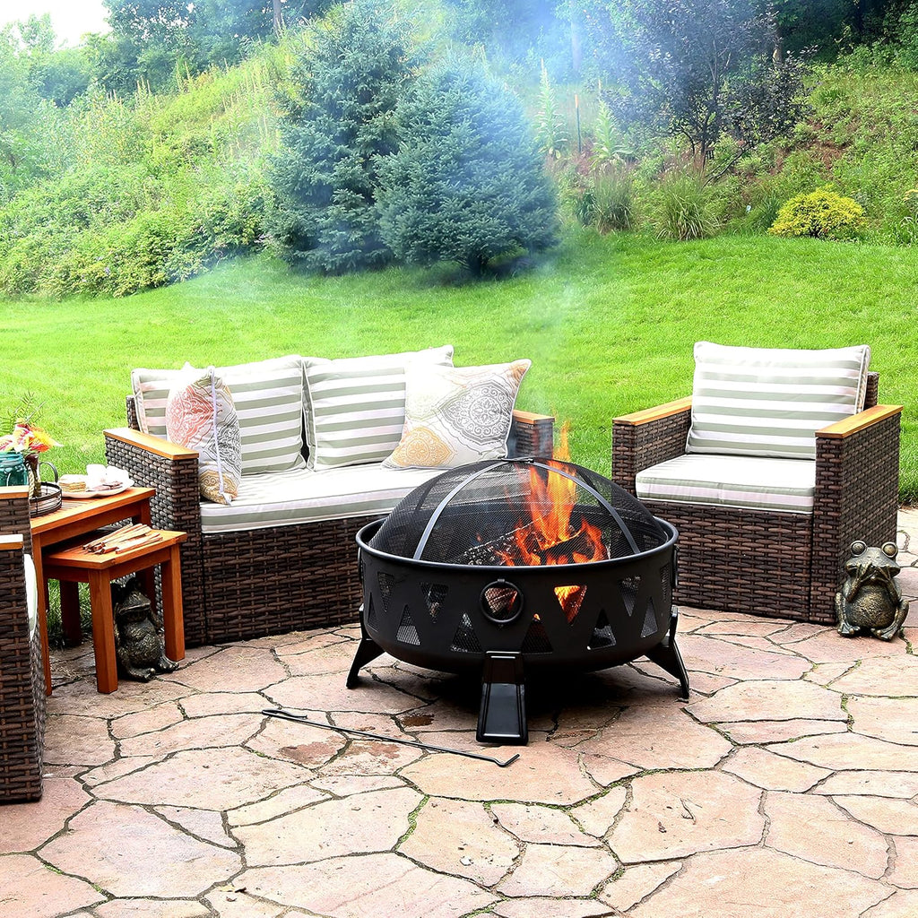25-Inch Steel Wood-Burning Fire Pit with Poker and Spark Screen H8543