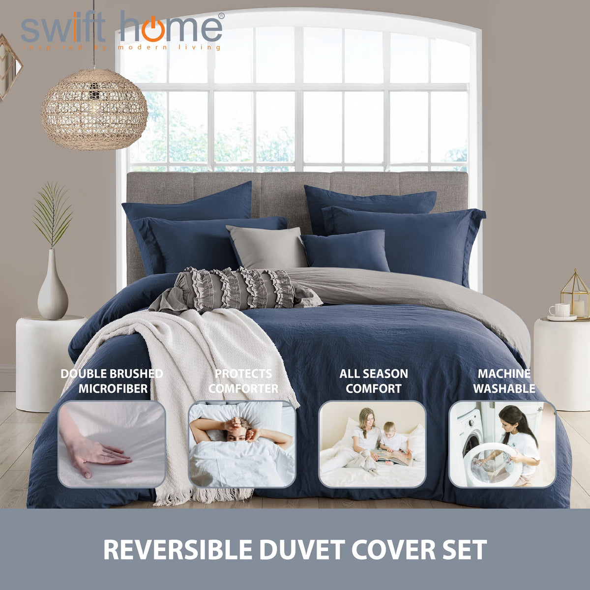 Navy Graphite Twin/Twin XL Reversible Duvet Cover & Sham Set F9742
