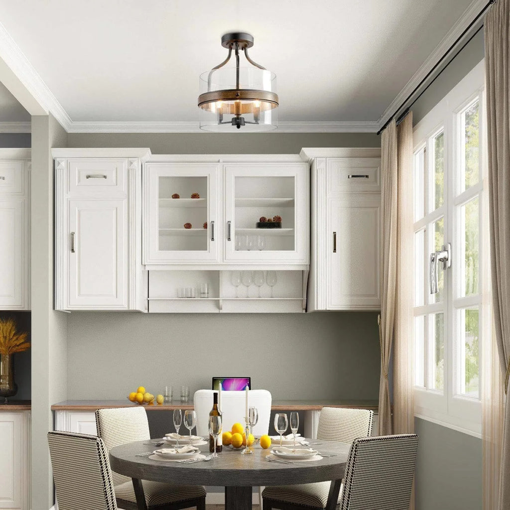 Semi Flush Mount Ceiling Light with Faux Wood & Clear Glass N90075