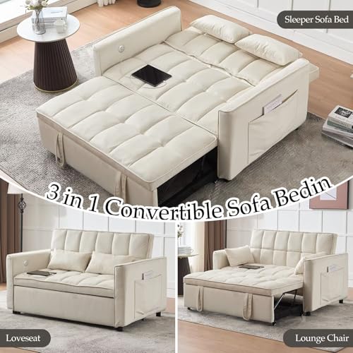Light Grey Velvet Convertible Sleeper Sofa Couch Bed with USB Z43466