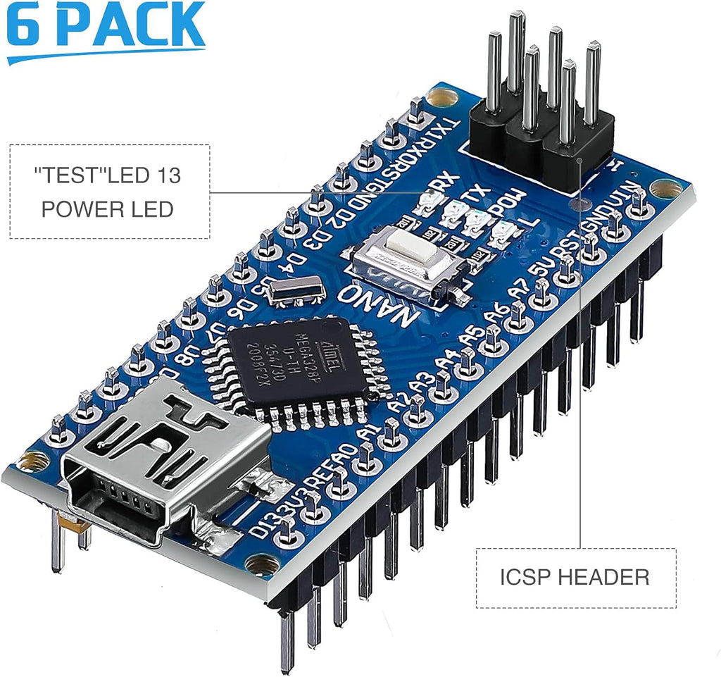 6 Pieces ATmega328P Nano Board with Pin Headers L2984