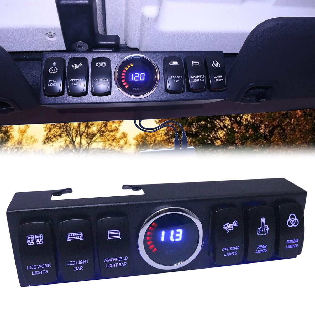 6 Gang Rocker Switch Panel with Blue Backlight Control Pod and Relay Box C1557