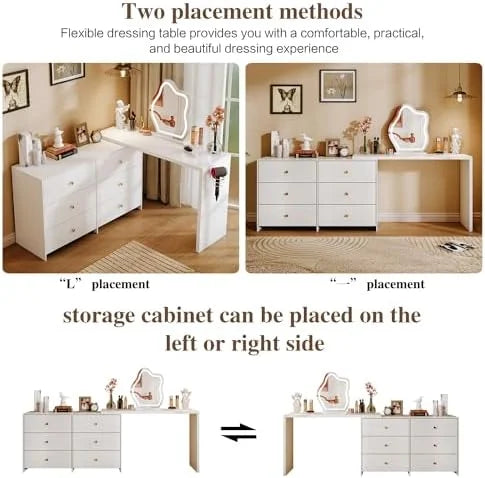Modern Corner Vanity Table with LED Mirror and 6 Drawers M697422