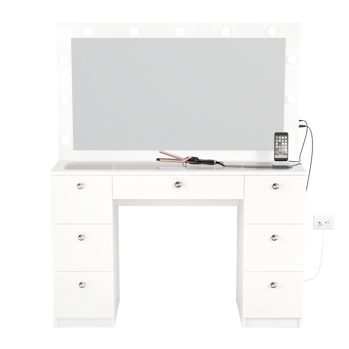 Modern Makeup Vanity Table Set with Mirror, 7 Drawers, White H790
