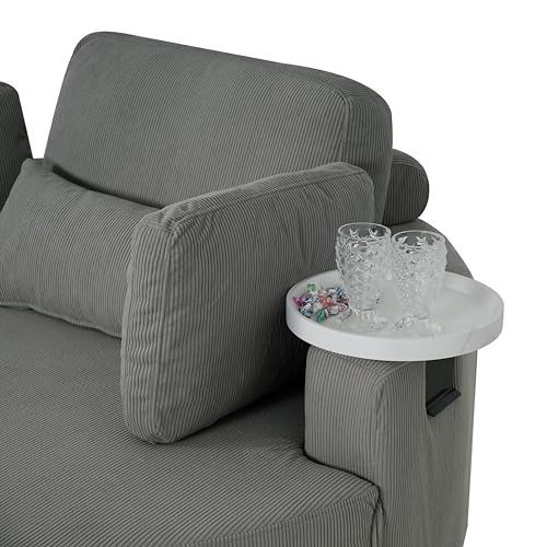 Oversized Corduroy Accent Barrel Chair with Adjustable Headrest, 4 Pillows, Storage Ottoman & Removable Tray M11824