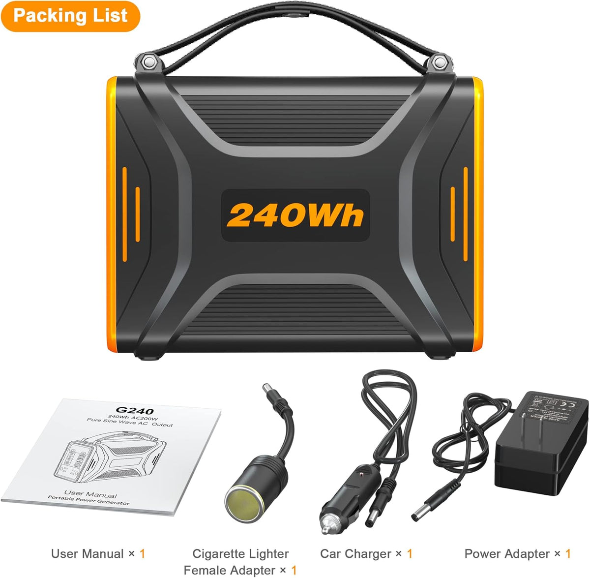Portable Power Station, 240Wh LiFePO4 Battery, 200W Pure Sine Wave AC Outlet D73046
