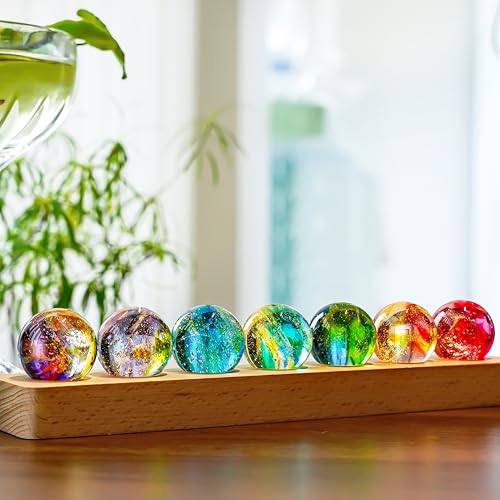 7 Pcs Crystal Glass Decorative Ball Set with LED Wooden Base M4892