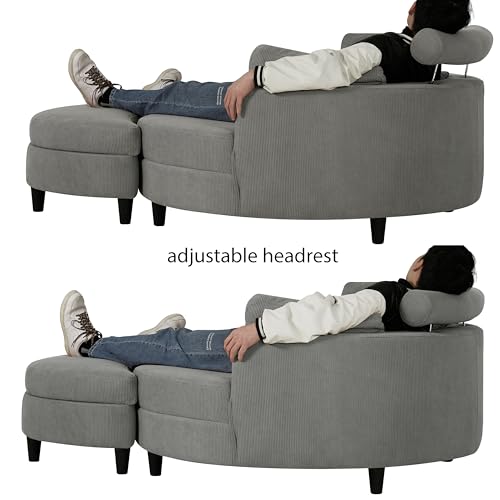 Oversized Corduroy Accent Barrel Chair with Adjustable Headrest, 4 Pillows, Storage Ottoman & Removable Tray M11824